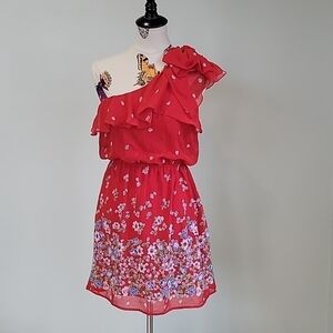 EYELASH one shoulder red frilly floral dress.  Size is Medium.